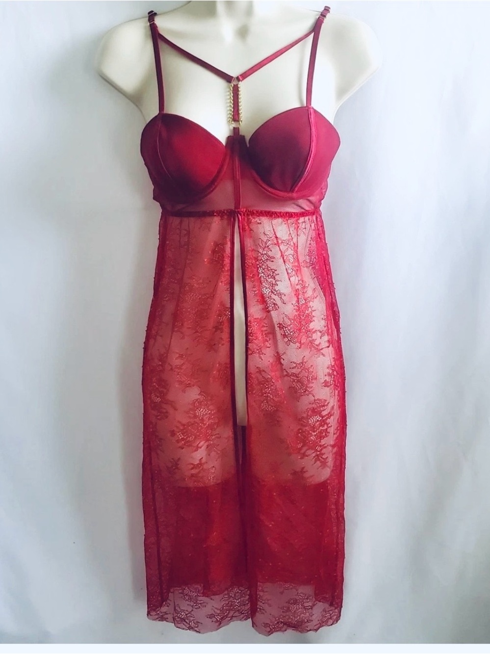 Victoria's Secret Red Lace Bustier Chemise with Gold Accent